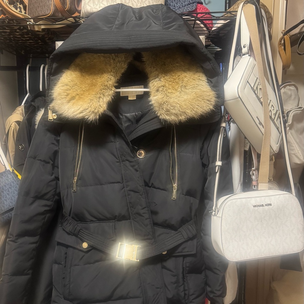 Michael Kors Black Puffer Jacket with Fur Trim